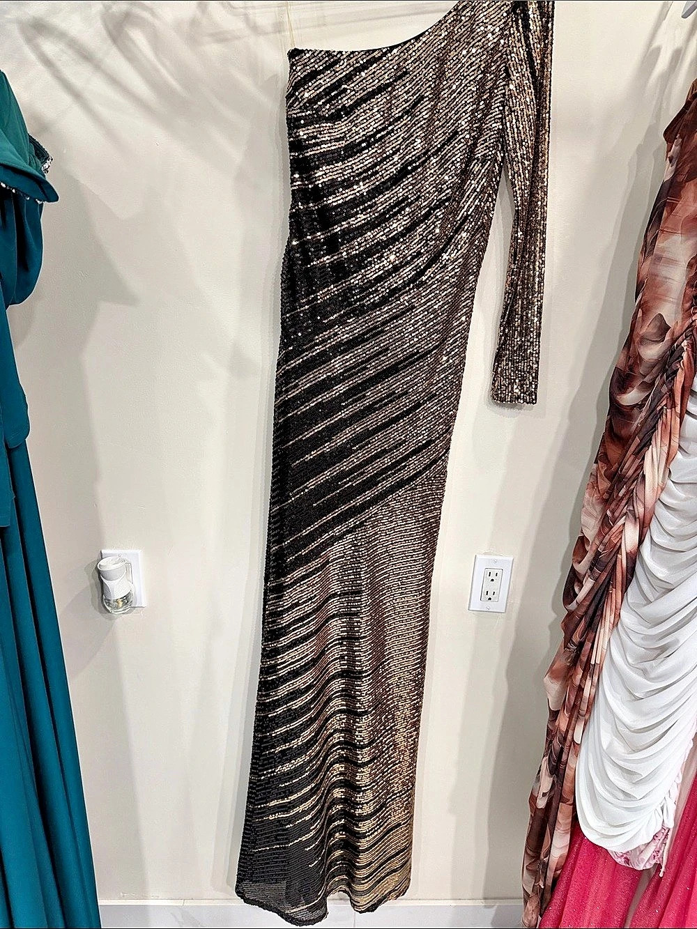 Sequin One-Shoulder Maxi Dress in Black & Gold